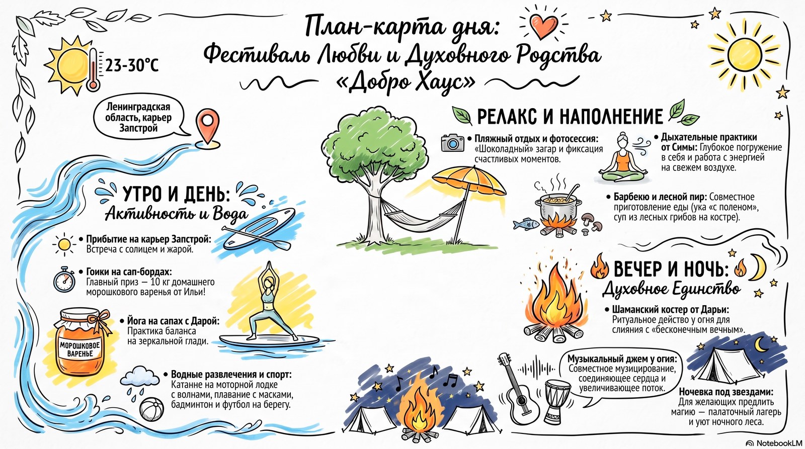 План-карта дня фестиваля Добро Хаус на карьере Запстрой: утро и день — прибытие, гонки на сап-бордах, йога на сапах с Дарой, водные развлечения; релакс и наполнение — пляжный отдых, дыхательные практики от Симы, барбекю и лесной пир; вечер и ночь — шаманский костёр от Дарьи, музыкальный джем у огня, ночёвка под звёздами