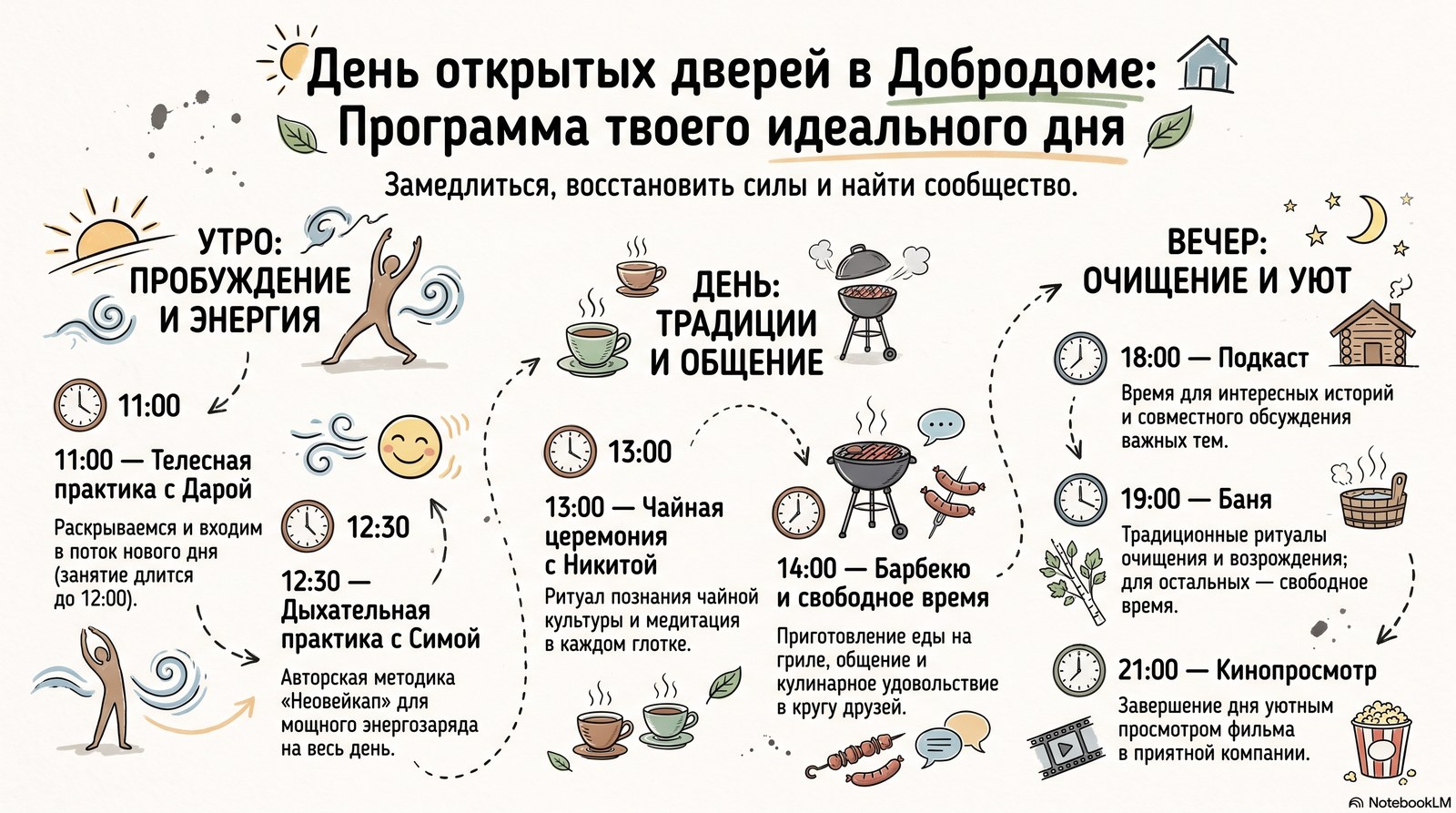 Программа дня открытых дверей в Добродоме: 11:00 телесная практика с Дарой, 12:30 дыхательная практика с Симой, 13:00 чайная церемония с Никитой, 14:00 барбекю и свободное время, 18:00 подкаст, 19:00 баня, 21:00 кинопросмотр